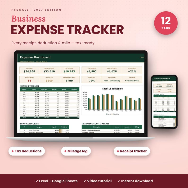 Fyscale Business Expense Tracker Pro – business expense tracker spreadsheet 2027 for Excel and Google Sheets with 12 tabs, shown on laptop, tablet and phone