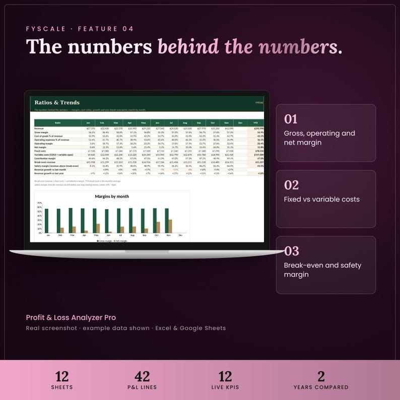 Profit and loss spreadsheet feature – The numbers behind the numbers. Gross, operating and net margin; Fixed vs variable costs; Break-even and safety margin.