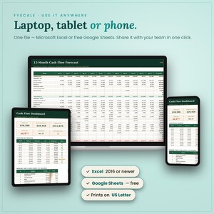 The cash flow forecast spreadsheet works in Microsoft Excel and free Google Sheets on laptop, tablet and phone, with instant digital download