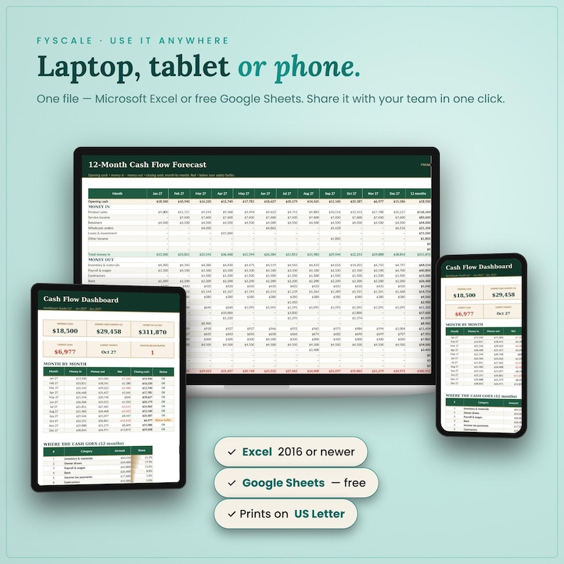 The cash flow forecast spreadsheet works in Microsoft Excel and free Google Sheets on laptop, tablet and phone, with instant digital download