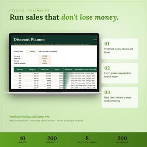 Product pricing calculator spreadsheet feature – Run sales that don't lose money. Profit at every discount level; Extra sales needed to break even; Red alert when a sale loses money.