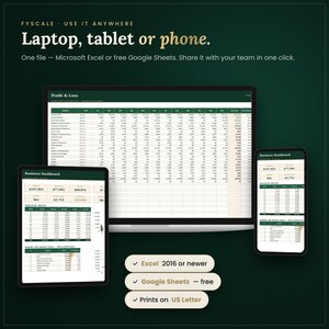 The small business bookkeeping spreadsheet works in Microsoft Excel and free Google Sheets on laptop, tablet and phone, with instant digital download