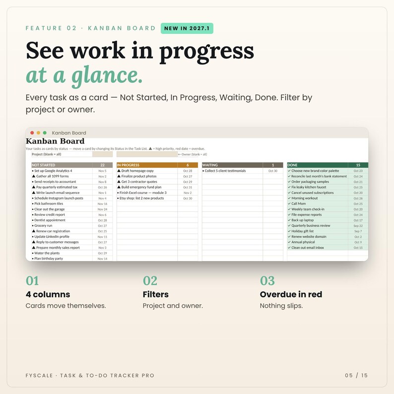 Kanban board in the task tracker spreadsheet: Kanban Board tab screenshot. See work in progress at a glance