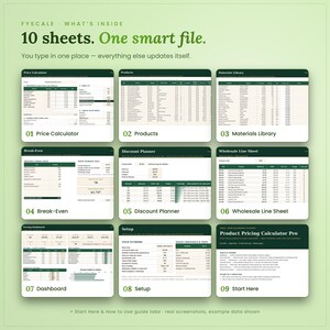 Inside the product pricing calculator spreadsheet: 10 tabs including Price Calculator, Products, Materials Library, Break-Even, Discount Planner, Wholesale Line Sheet, Dashboard, Setup, Start Here