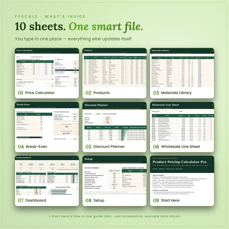 Inside the product pricing calculator spreadsheet: 10 tabs including Price Calculator, Products, Materials Library, Break-Even, Discount Planner, Wholesale Line Sheet, Dashboard, Setup, Start Here