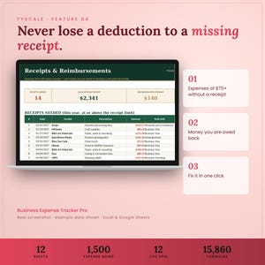 Business expense tracker spreadsheet feature – Never lose a deduction to a missing receipt. Expenses of $75+ without a receipt; Money you are owed back; Fix it in one click.