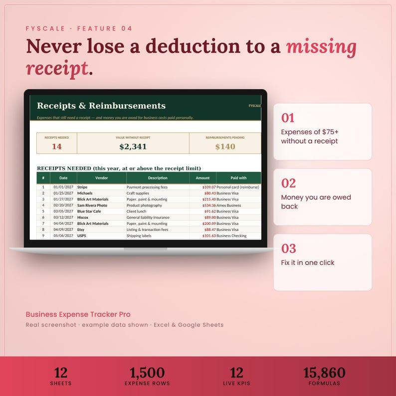 Business expense tracker spreadsheet feature – Never lose a deduction to a missing receipt. Expenses of $75+ without a receipt; Money you are owed back; Fix it in one click.