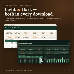 Light and Dark edition of the freelance income tracker spreadsheet side by side: same formulas, choose the look you like in Google Sheets or Excel
