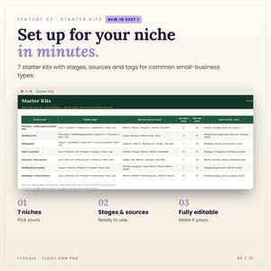 Starter kits in the client CRM spreadsheet: Starter Kits tab screenshot. Set up for your niche in minutes