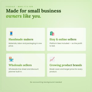 Product pricing calculator spreadsheet – who it's for: Handmade makers, Etsy & online sellers, Wholesale sellers, Growing product brands.