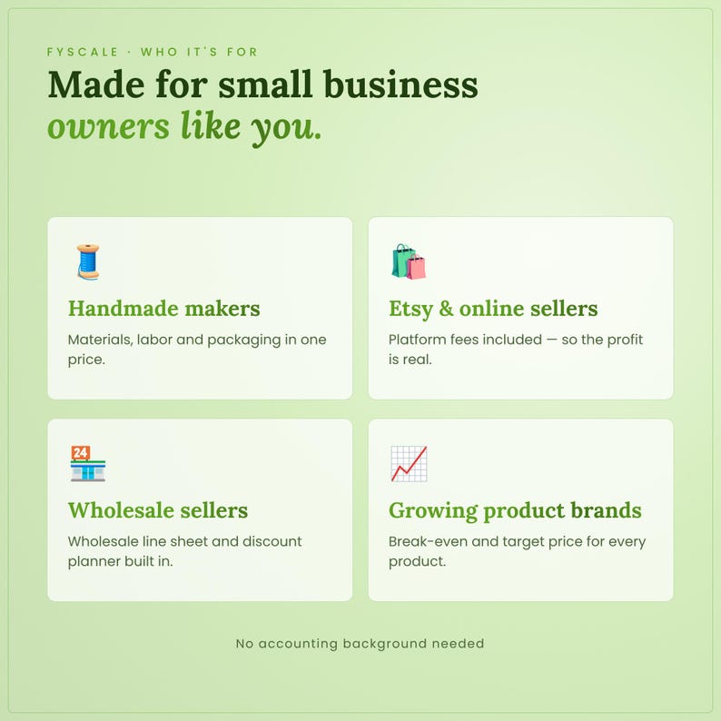 Product pricing calculator spreadsheet – who it's for: Handmade makers, Etsy & online sellers, Wholesale sellers, Growing product brands.