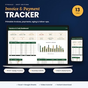 Invoice Tracker Spreadsheet 2027, Payment Tracker, Accounts Receivable, Overdue Invoice Log, Google Sheets Excel