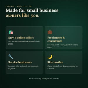 Small business bookkeeping spreadsheet – who it's for: Etsy & online sellers, Freelancers & consultants, Service businesses, Side hustles.