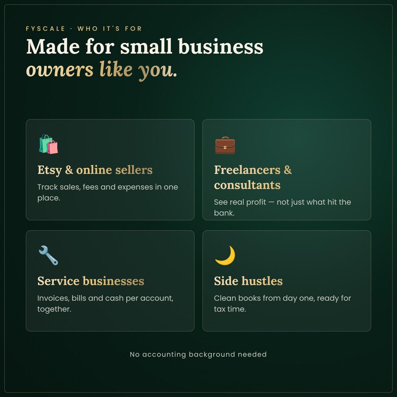Small business bookkeeping spreadsheet – who it's for: Etsy & online sellers, Freelancers & consultants, Service businesses, Side hustles.