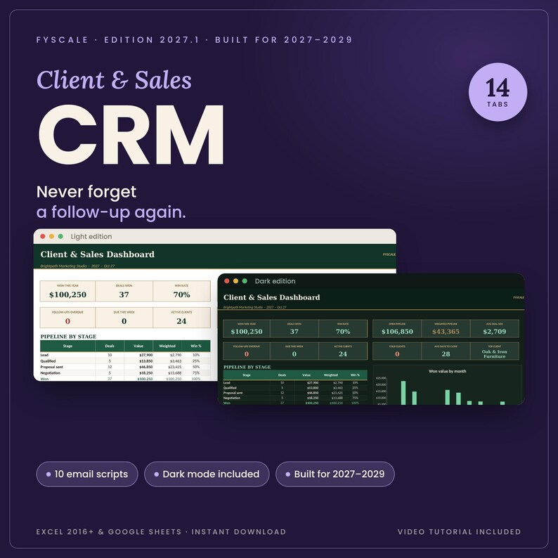 Client CRM spreadsheet 2027 by Fyscale: Client CRM Pro dashboard in light and dark mode, 14 tabs, works in Google Sheets and Excel, instant download
