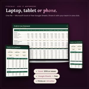 The profit and loss spreadsheet works in Microsoft Excel and free Google Sheets on laptop, tablet and phone, with instant digital download