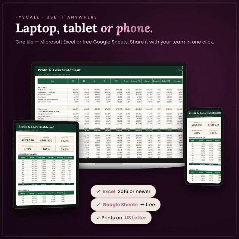 The profit and loss spreadsheet works in Microsoft Excel and free Google Sheets on laptop, tablet and phone, with instant digital download