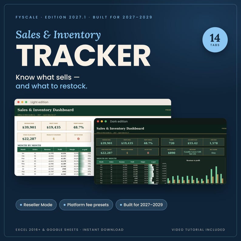 Inventory tracker spreadsheet 2027 by Fyscale: Sales & Inventory Tracker Pro dashboard in light and dark mode, 14 tabs, works in Google Sheets and Excel, instant download