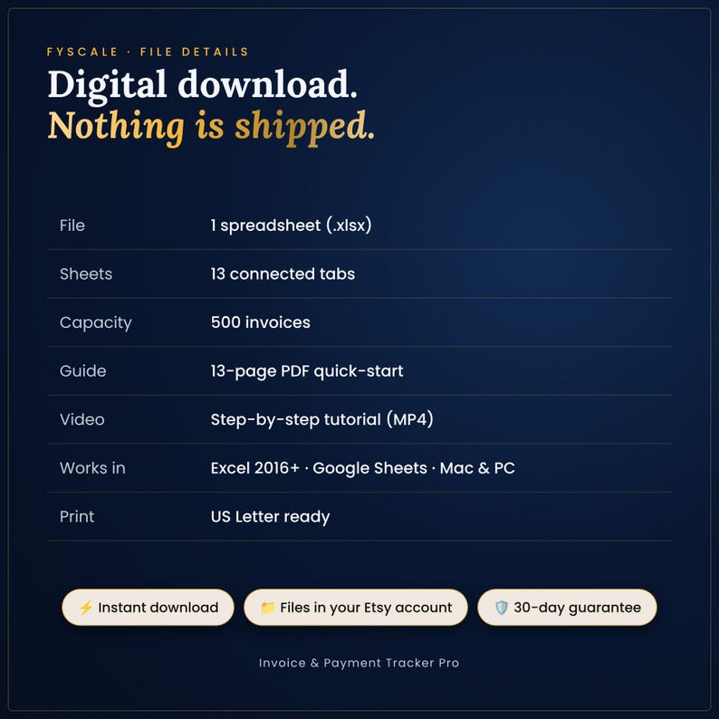 Invoice and payment tracker spreadsheet file details – digital download, nothing is shipped. File: 1 spreadsheet (.xlsx); Sheets: 13 connected tabs; Capacity: 500 invoices; Guide: 13-page PDF quick-start; video tutorial; Excel 2016+ and Google Sheets; US Letter print.