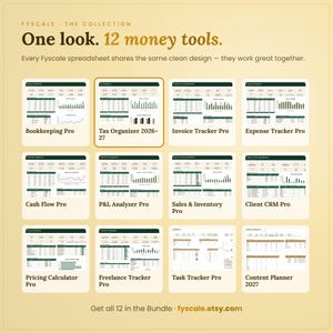 Fyscale collection of 12 small business spreadsheet templates – bookkeeping, tax, invoice, expense, cash flow, P&L, inventory, CRM, pricing, freelance, task and content planner.