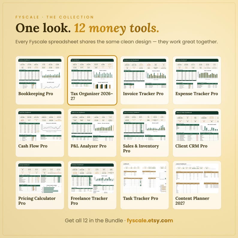 Fyscale collection of 12 small business spreadsheet templates – bookkeeping, tax, invoice, expense, cash flow, P&L, inventory, CRM, pricing, freelance, task and content planner.