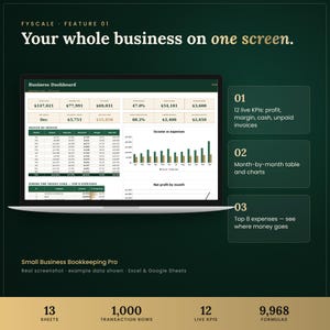 Small business bookkeeping spreadsheet feature – Your whole business on one screen. 12 live KPIs: profit, margin, cash, unpaid invoices; Month-by-month table and charts; Top 8 expenses — see where money goes.