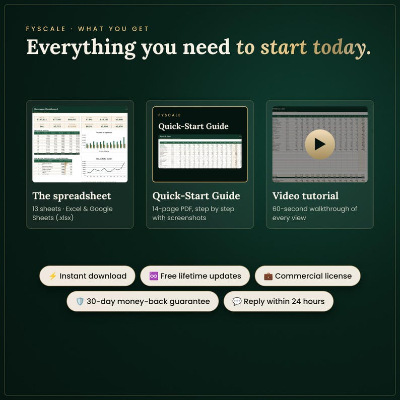 What you get: the small business bookkeeping spreadsheet (.xlsx for Excel and Google Sheets), a step-by-step Quick-Start Guide PDF and a video tutorial, instant download
