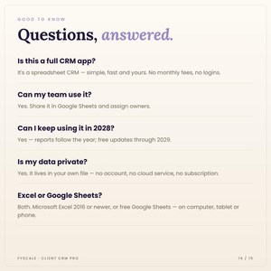 Client CRM spreadsheet FAQ: Is this a full CRM app? Can my team use it?