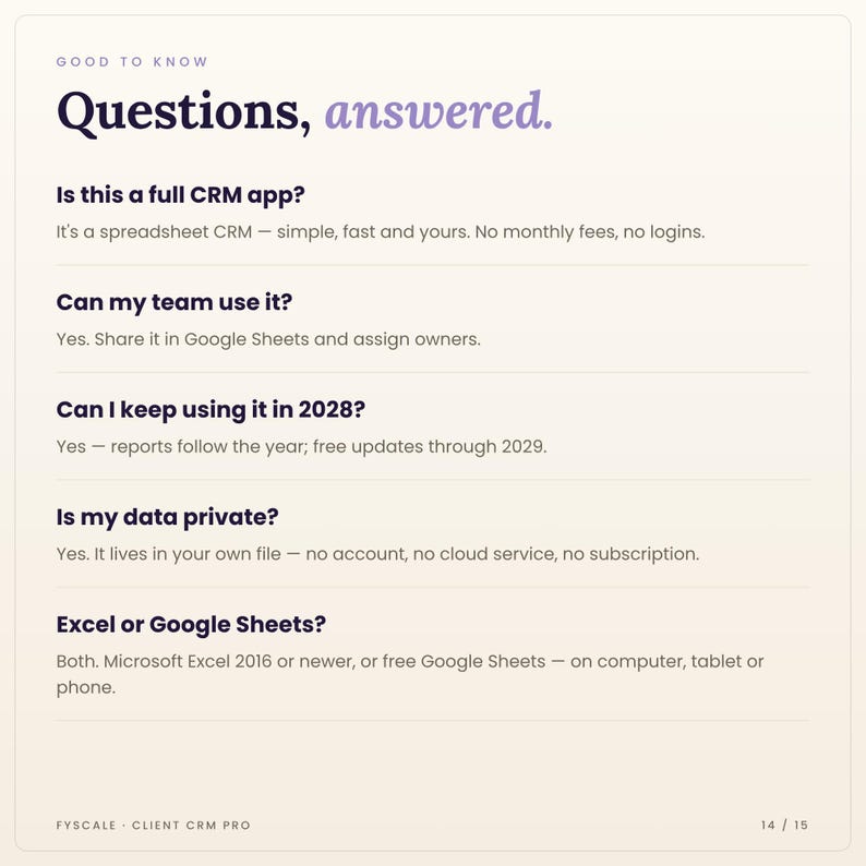 Client CRM spreadsheet FAQ: Is this a full CRM app? Can my team use it?