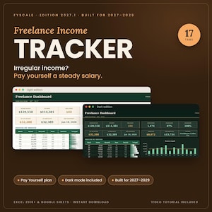 Freelance income tracker spreadsheet 2027 by Fyscale: Freelance Income Tracker Pro dashboard in light and dark mode, 17 tabs, works in Google Sheets and Excel, instant download