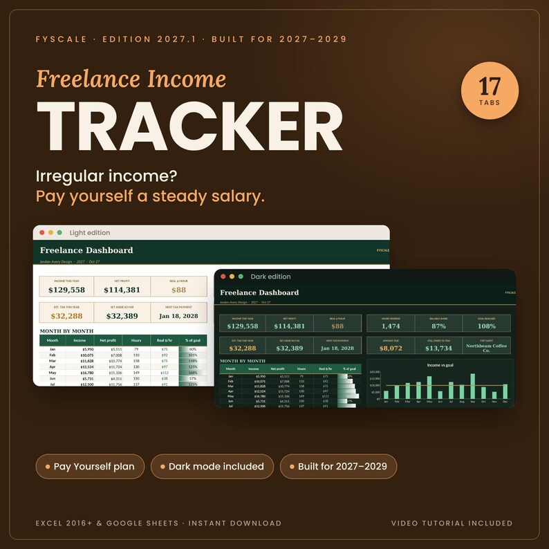 Freelance income tracker spreadsheet 2027 by Fyscale: Freelance Income Tracker Pro dashboard in light and dark mode, 17 tabs, works in Google Sheets and Excel, instant download