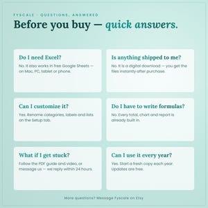 Cash flow forecast spreadsheet FAQ – works in free Google Sheets and Excel on Mac and PC, instant digital download, customizable Setup tab, no formulas to write.