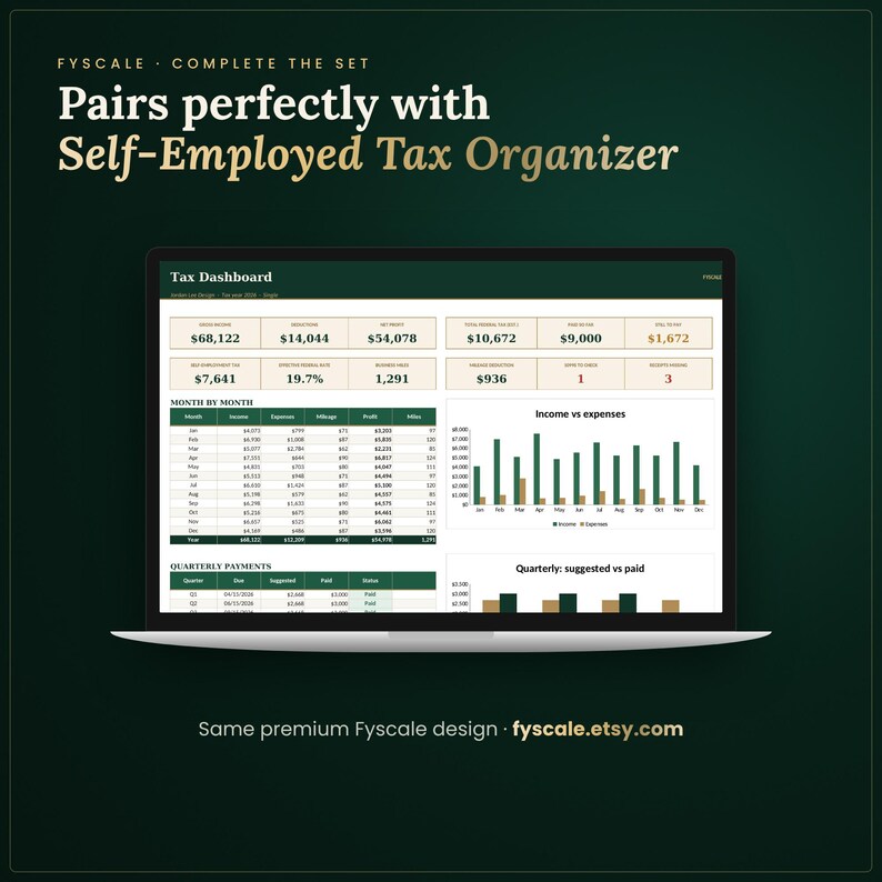 The small business bookkeeping spreadsheet pairs perfectly with the Fyscale Self-Employed Tax Organizer for a complete small business system