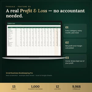 Small business bookkeeping spreadsheet feature – A real Profit & Loss — no accountant needed. Every category, every month, year total; Net profit and margin calculated; Owner draws kept out of your profit.