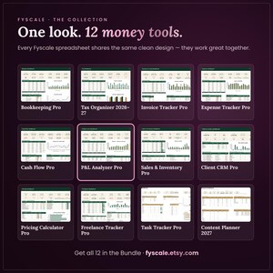 Fyscale collection of 12 small business spreadsheet templates – bookkeeping, tax, invoice, expense, cash flow, P&L, inventory, CRM, pricing, freelance, task and content planner.
