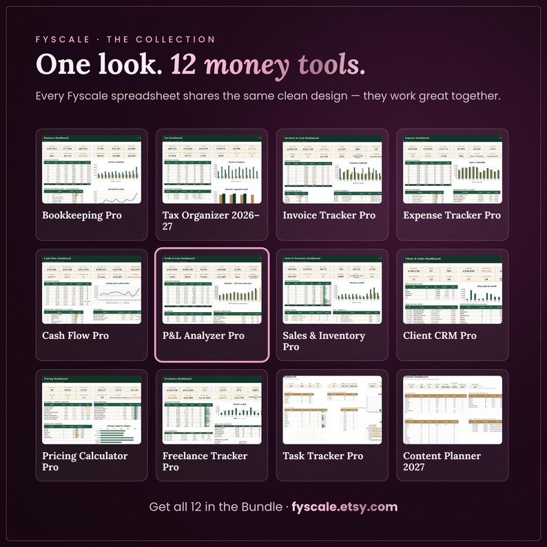 Fyscale collection of 12 small business spreadsheet templates – bookkeeping, tax, invoice, expense, cash flow, P&L, inventory, CRM, pricing, freelance, task and content planner.