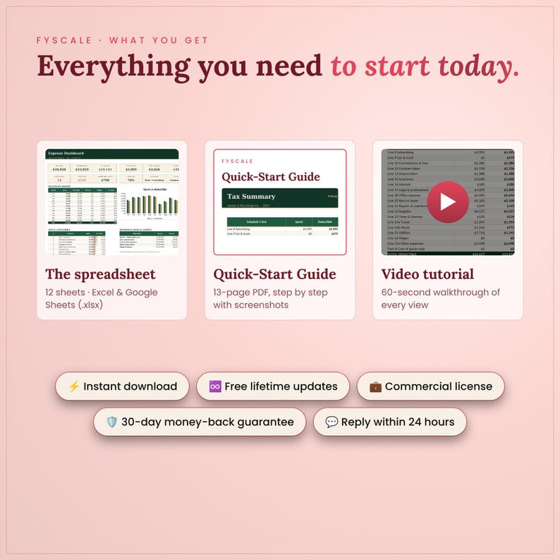 What you get: the business expense tracker spreadsheet (.xlsx for Excel and Google Sheets), a step-by-step Quick-Start Guide PDF and a video tutorial, instant download