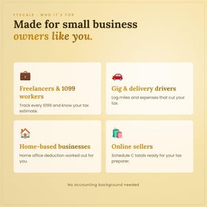 Self-employed tax organizer spreadsheet – who it's for: Freelancers & 1099 workers, Gig & delivery drivers, Home-based businesses, Online sellers.