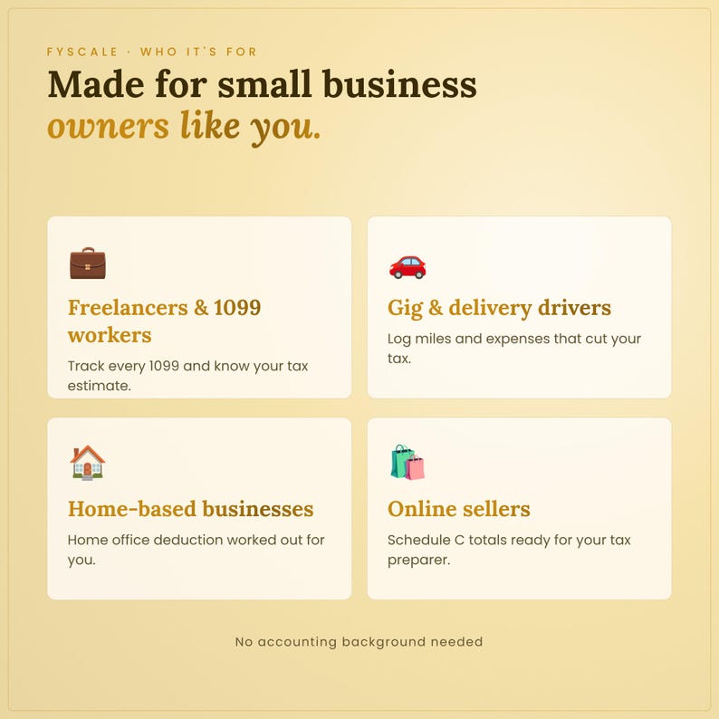 Self-employed tax organizer spreadsheet – who it's for: Freelancers & 1099 workers, Gig & delivery drivers, Home-based businesses, Online sellers.