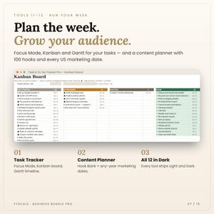 Tools 11 and 12 in the small business spreadsheet bundle: task tracker with Kanban board and social media content planner. Plan the week, grow your audience