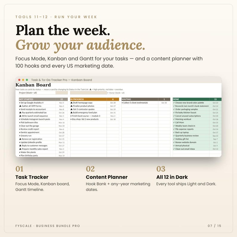 Tools 11 and 12 in the small business spreadsheet bundle: task tracker with Kanban board and social media content planner. Plan the week, grow your audience