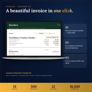 Invoice tracker spreadsheet feature – A beautiful invoice in one click. Pick an invoice number — it fills itself; Your details, line items, tax and balance; Print or save as PDF and send.