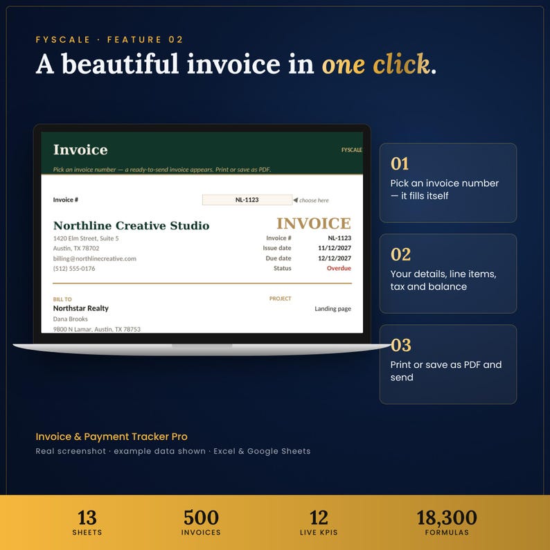 Invoice tracker spreadsheet feature – A beautiful invoice in one click. Pick an invoice number — it fills itself; Your details, line items, tax and balance; Print or save as PDF and send.