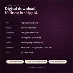 Profit and loss spreadsheet file details – digital download, nothing is shipped. File: 1 spreadsheet (.xlsx); Sheets: 12 connected tabs; Compare: This year vs last year; Guide: 12-page PDF quick-start; video tutorial; Excel 2016+ and Google Sheets; US Letter print.