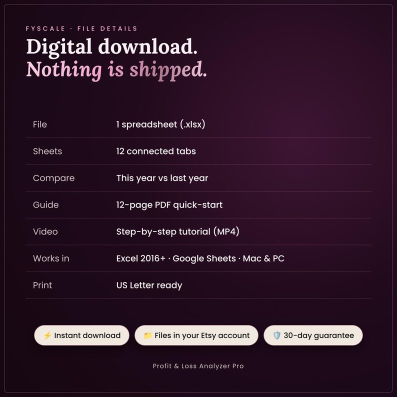 Profit and loss spreadsheet file details – digital download, nothing is shipped. File: 1 spreadsheet (.xlsx); Sheets: 12 connected tabs; Compare: This year vs last year; Guide: 12-page PDF quick-start; video tutorial; Excel 2016+ and Google Sheets; US Letter print.