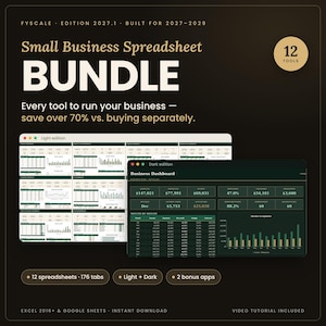 Small business spreadsheet bundle 2027 by Fyscale: 12 Excel and Google Sheets templates for bookkeeping, tax, invoices, CRM and inventory, light and dark mode, instant download