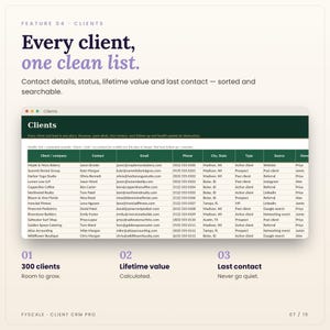 Clients in the client CRM spreadsheet: Clients tab screenshot. Every client, one clean list