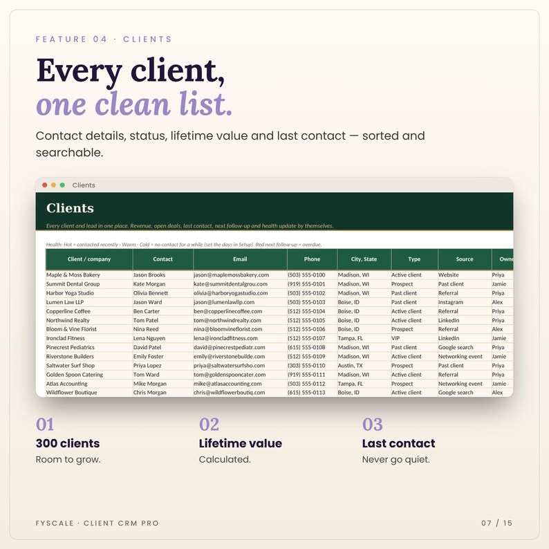Clients in the client CRM spreadsheet: Clients tab screenshot. Every client, one clean list