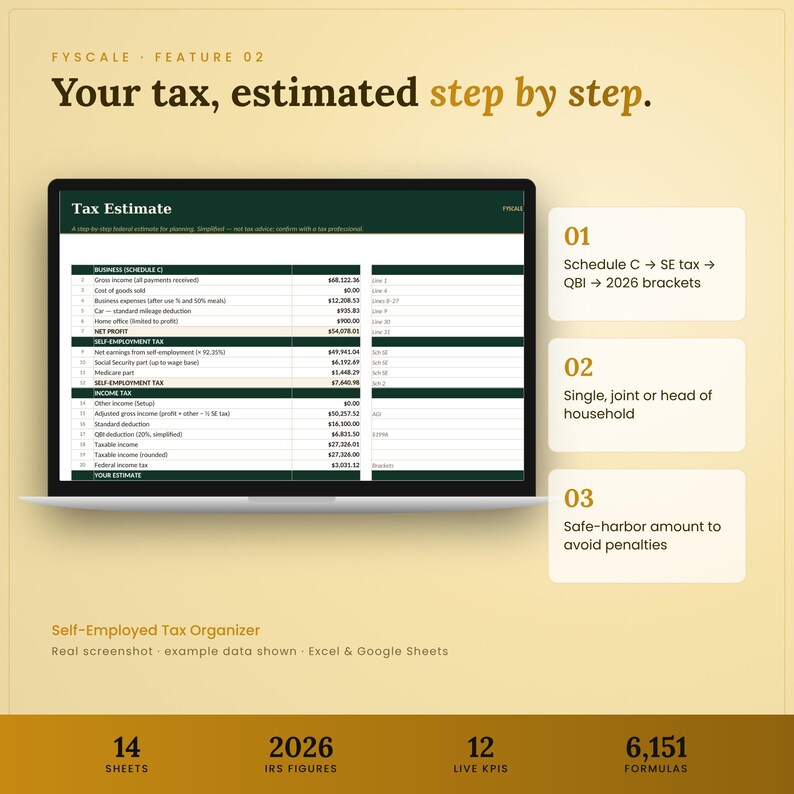 Self employed tax spreadsheet feature – Your tax, estimated step by step. Schedule C → SE tax → QBI → 2026 brackets; Single, joint or head of household; Safe-harbor amount to avoid penalties.