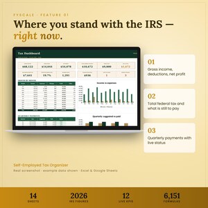Self employed tax spreadsheet feature – Where you stand with the IRS — right now. Gross income, deductions, net profit; Total federal tax and what is still to pay; Quarterly payments with live status.